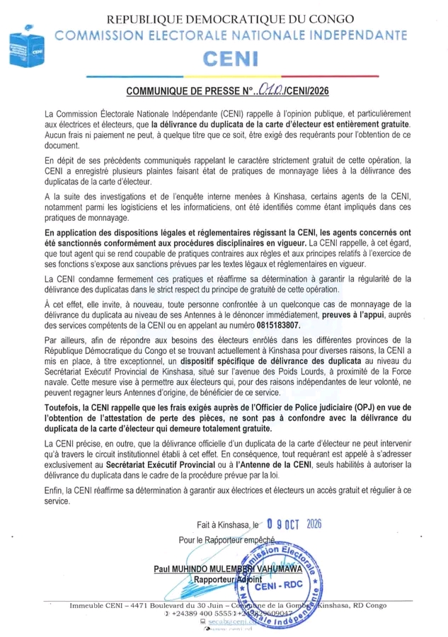 RDC : duplicata de la carte d’électeur payant, la dénonciation de la CENI face aux accusations visant ses propres agents