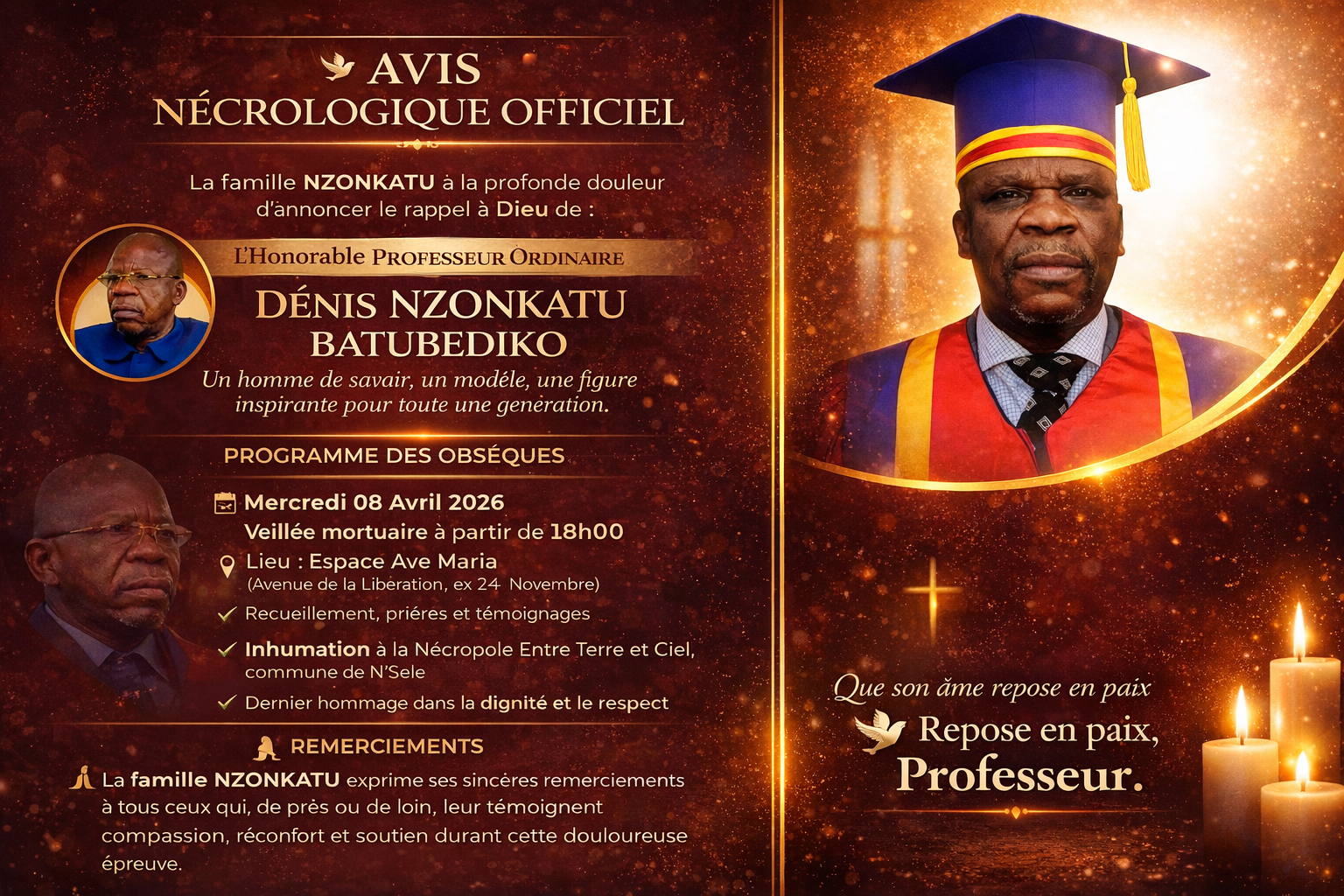 🚨 PROGRAMME OFFICIEL DES OBSÈQUES DE L’HONORABLE PROFESSEUR DÉNIS NZONKATU 🕊️